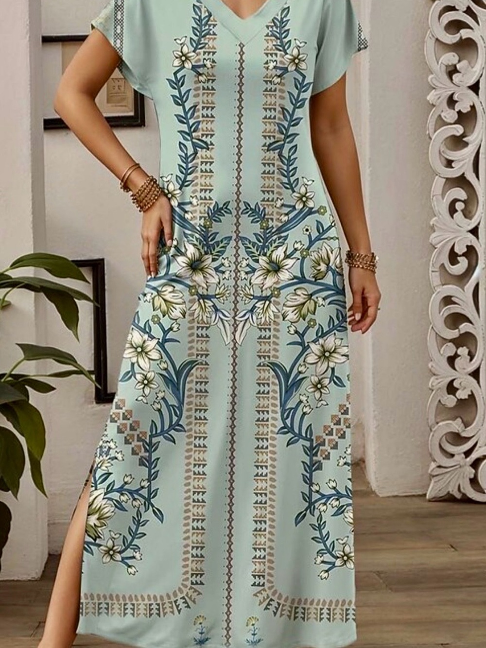 Women's Floral V-Neck Maxi Dress in Sage Blue